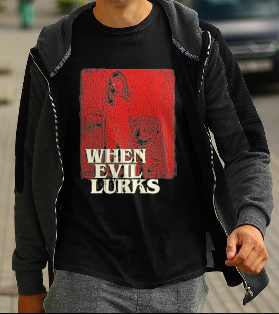 When Evil Lurks Red Background Girl With Bear T-Shirt