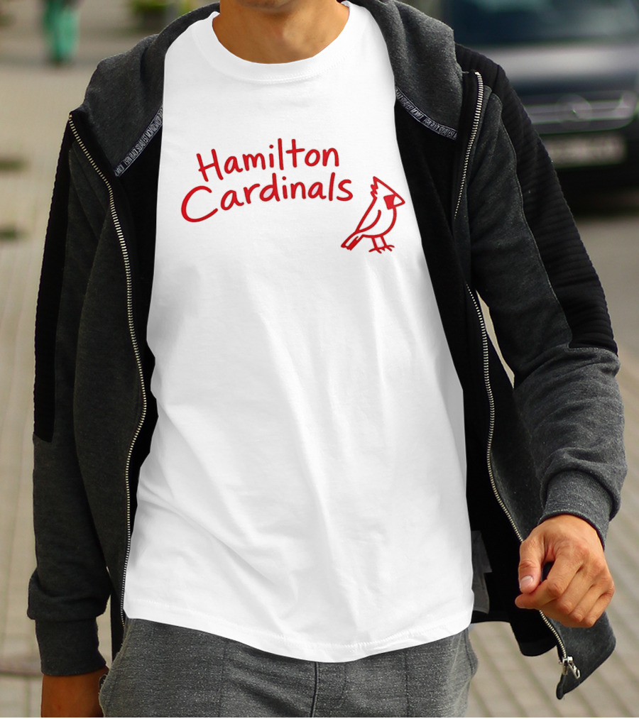 Hamilton Cardinals Red Text With Cardinal Drawing T-Shirt