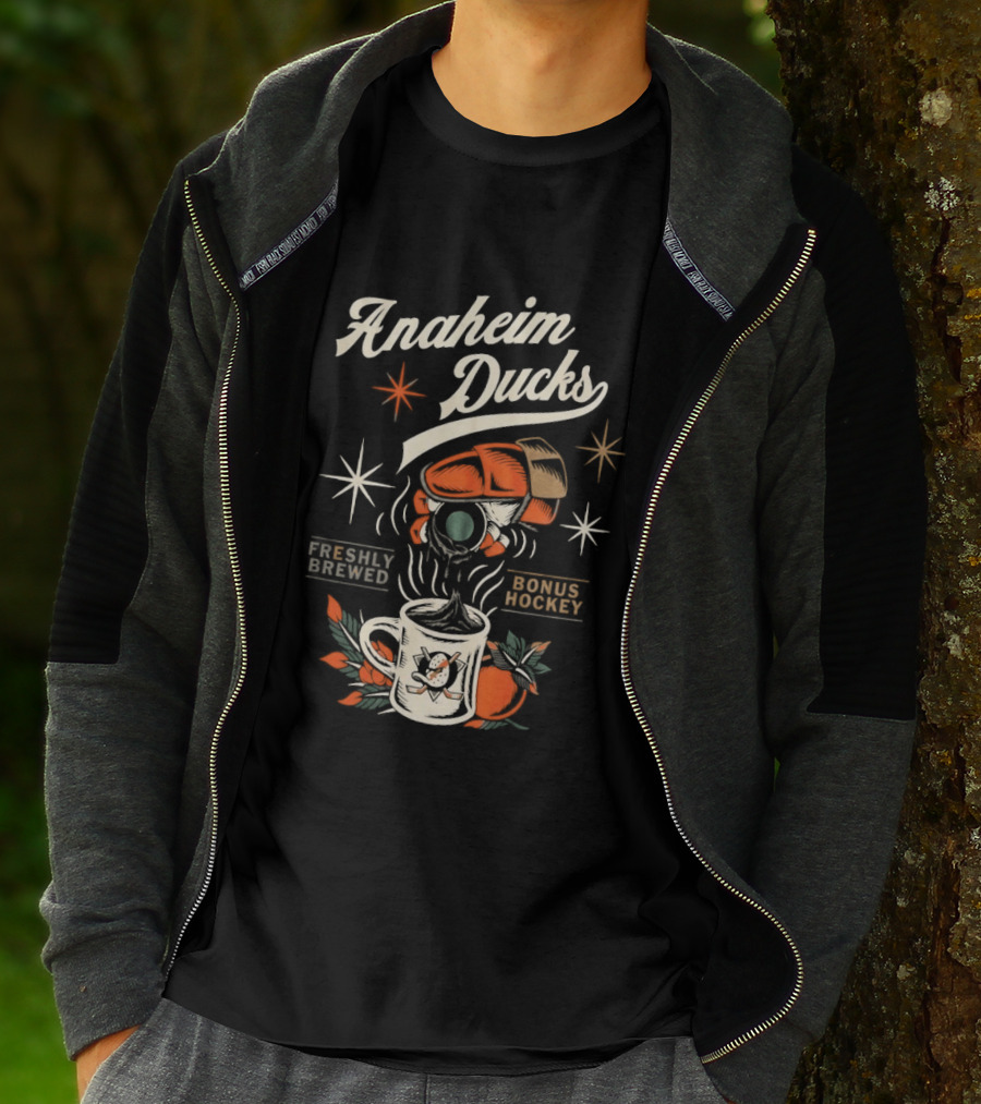 Anaheim Ducks Freshly Brewed Bonus Hockey Coffee Motif T-Shirt