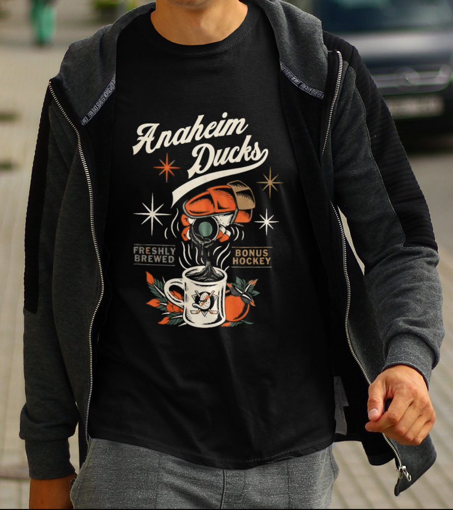 Anaheim Ducks Freshly Brewed Bonus Hockey Coffee Motif T-Shirt