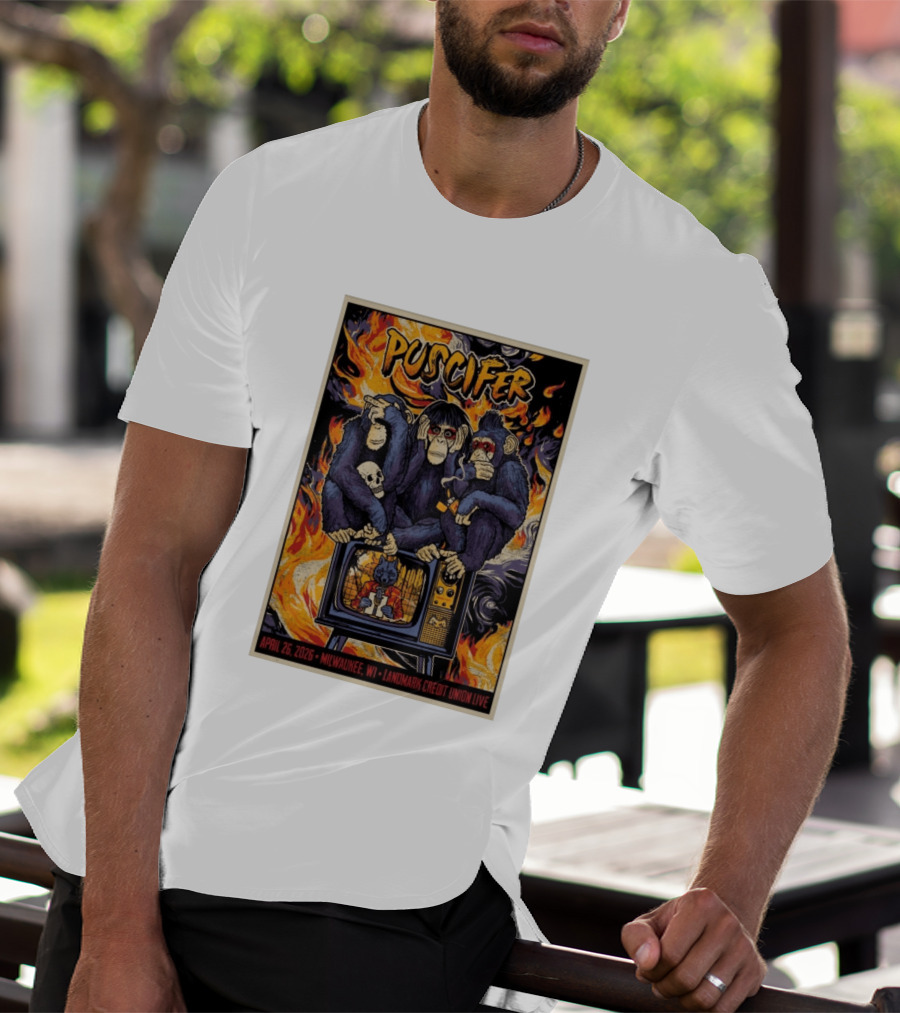 Puscifer April 26 2026 Milwaukee WI Landmark Credit Union Live Monkeys TV Flames T-Shirt