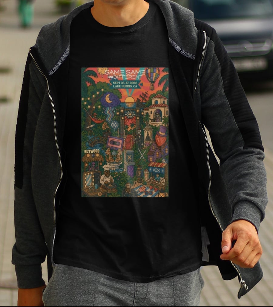 Same Same But Different Festival September 25 27 2026 Lake Perris CA Hot Air Balloon Tropical Landscape T-Shirt