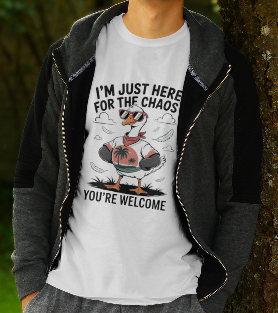 I'm Just Here For The Chaos You're Welcome Tropical Duck In Sunglasses T-Shirt