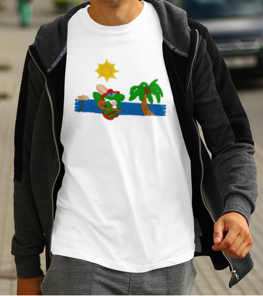 Jimmy Buffett Gator With Guitar By Palm Tree And Sun T-Shirt