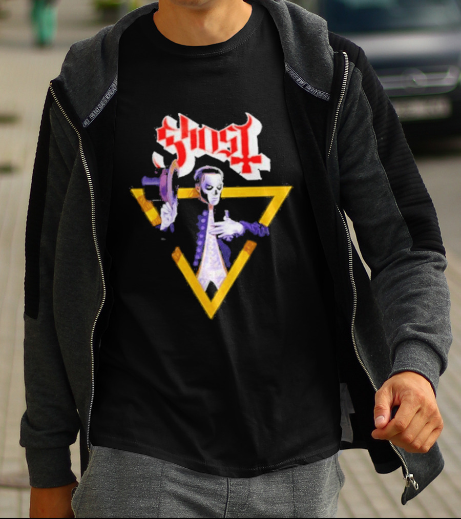 Ghost Papa Emeritus Holding Microphone With Red Gothic T-Shirt