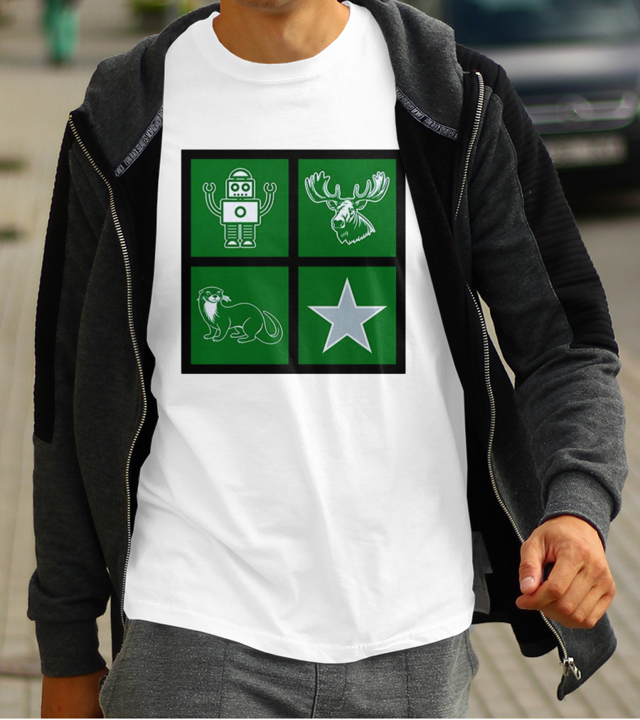 Robot Moose Otter Star Quadrant On Green T-Shirt