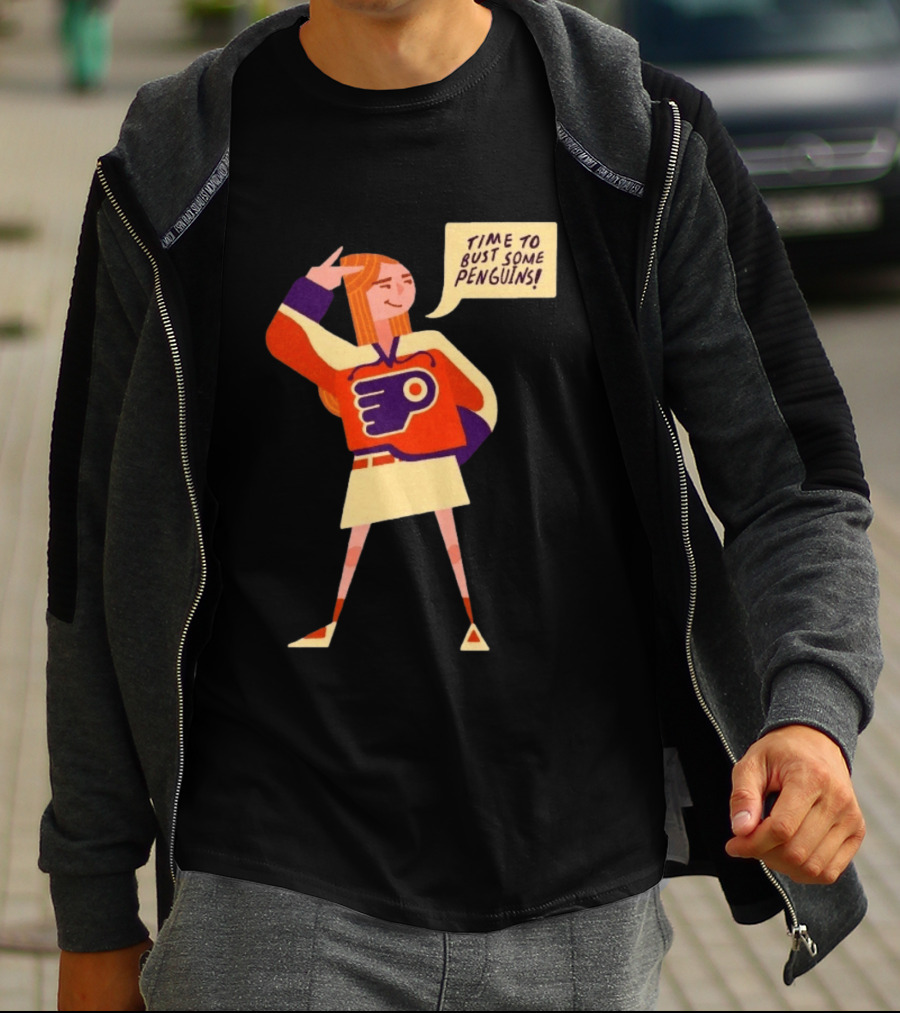 Philadelphia Flyers Time To Bust Some Penguins Retro Cartoon T-Shirt