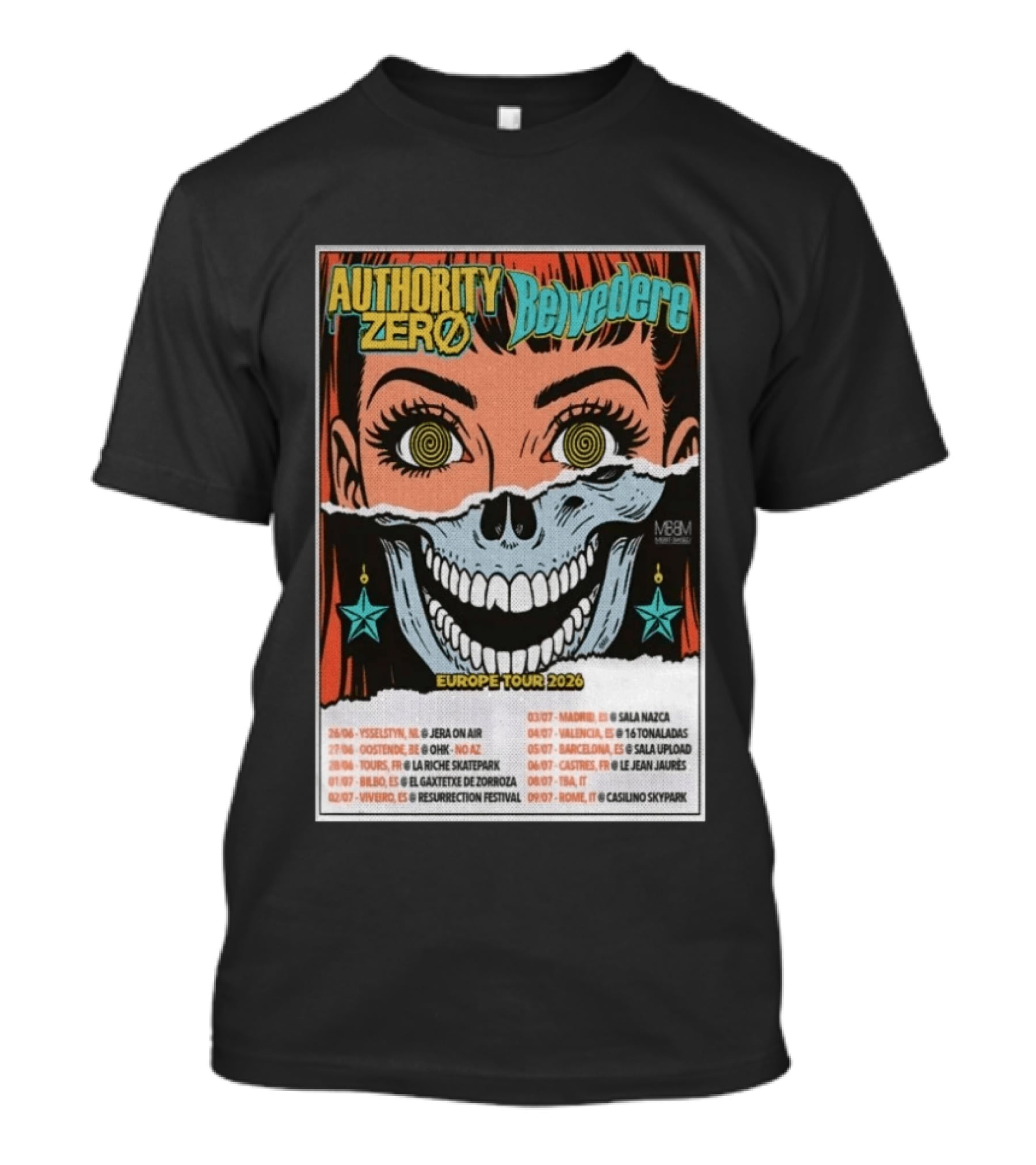 Authority Zero Belvedere Europe Tour 2026 Featuring Futuristic Comic Art Style With Date And Venue List T-Shirt
