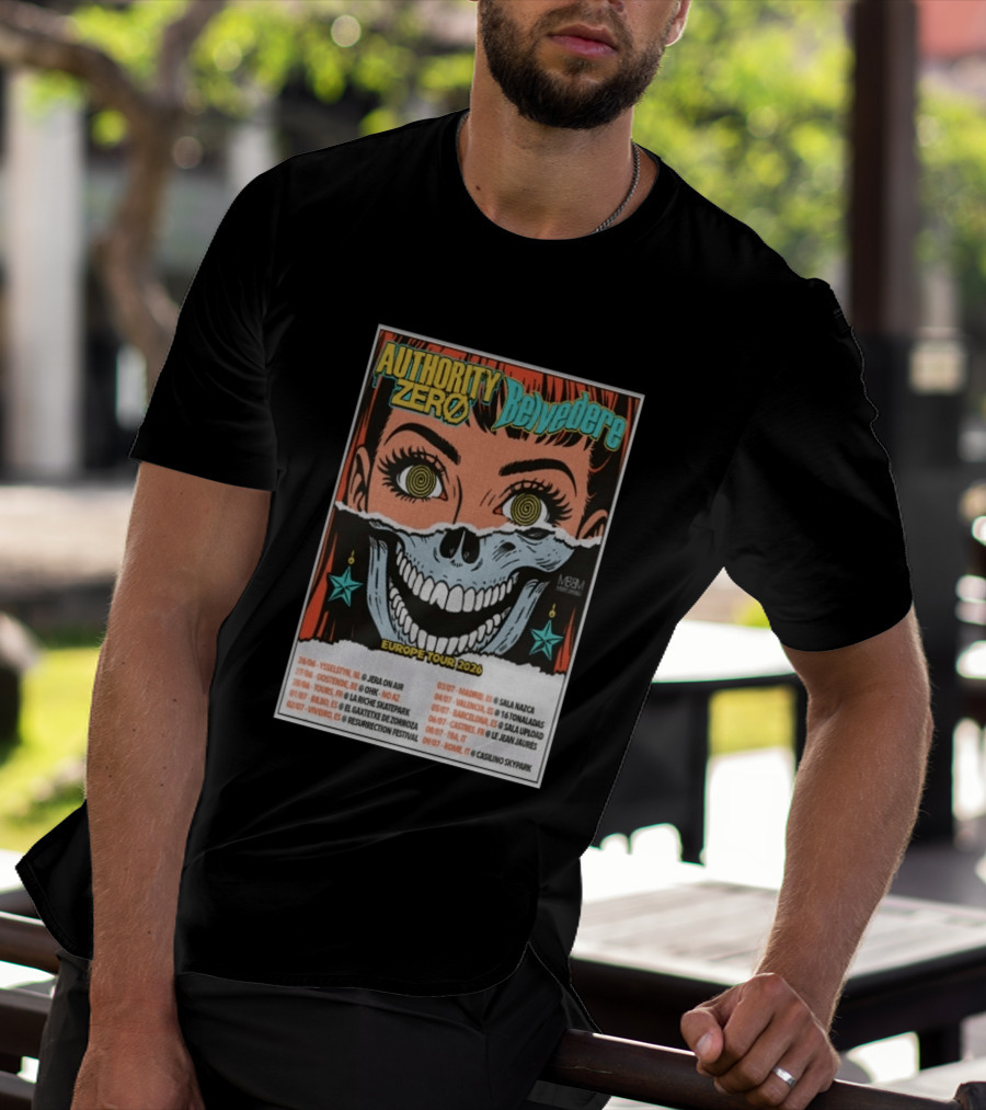 Authority Zero Belvedere Europe Tour 2026 Featuring Futuristic Comic Art Style With Date And Venue List T-Shirt