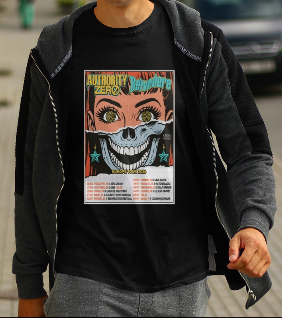 Authority Zero Belvedere Europe Tour 2026 Featuring Futuristic Comic Art Style With Date And Venue List T-Shirt