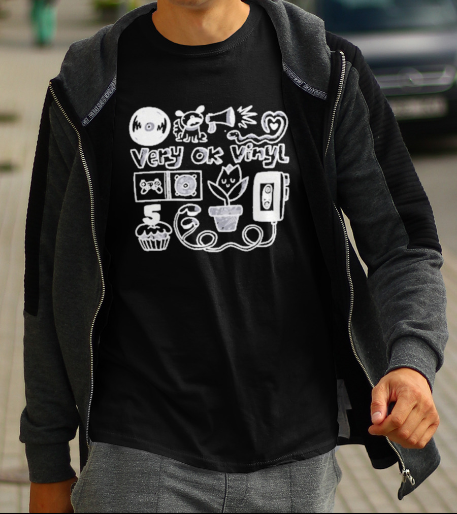Very Ok Vinyl 5th Anniversary Cupcake Flower Megaphone Heart Cassette Doodle T-Shirt