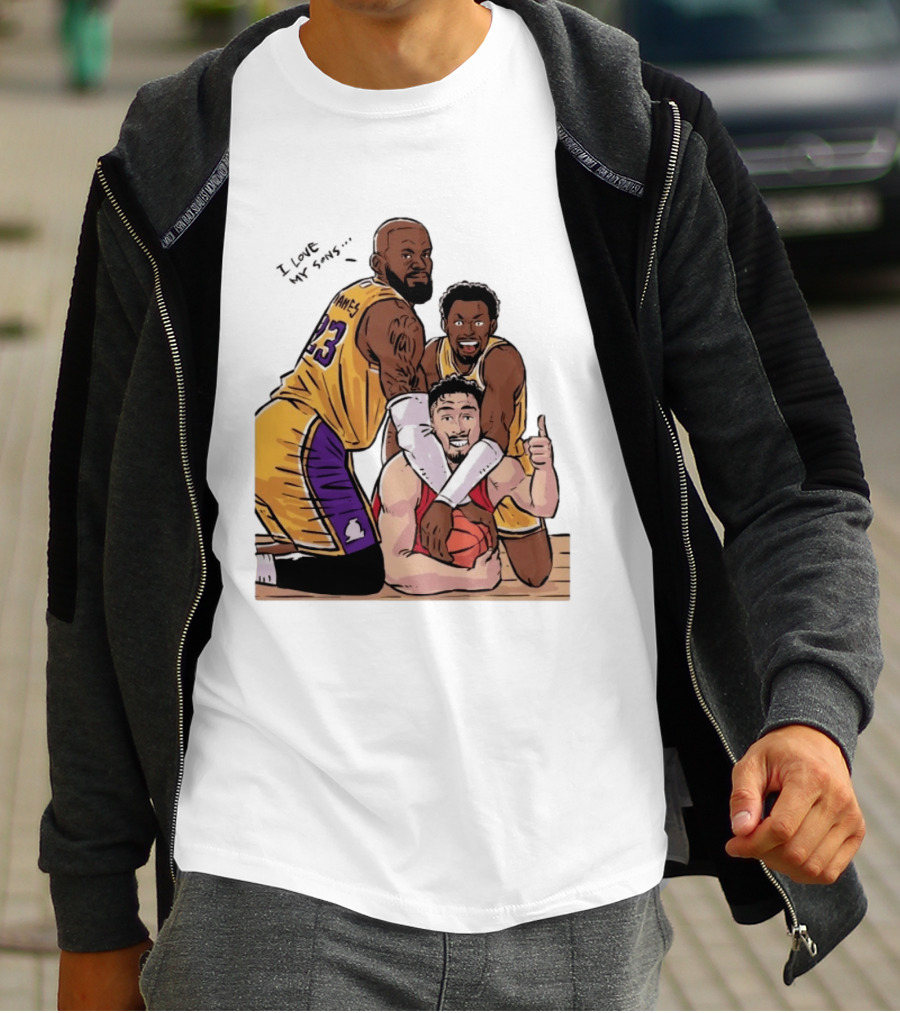 Lebron James Lakers Family Bronny Sengun Cartoon Basketball Scene T-Shirt