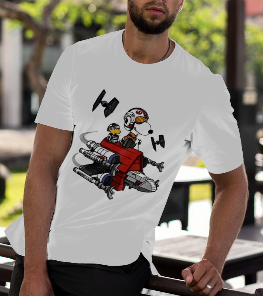 Space Beagle Snoopy Star Wars X Wing Doghouse Woodstock TIE Fighters T-Shirt