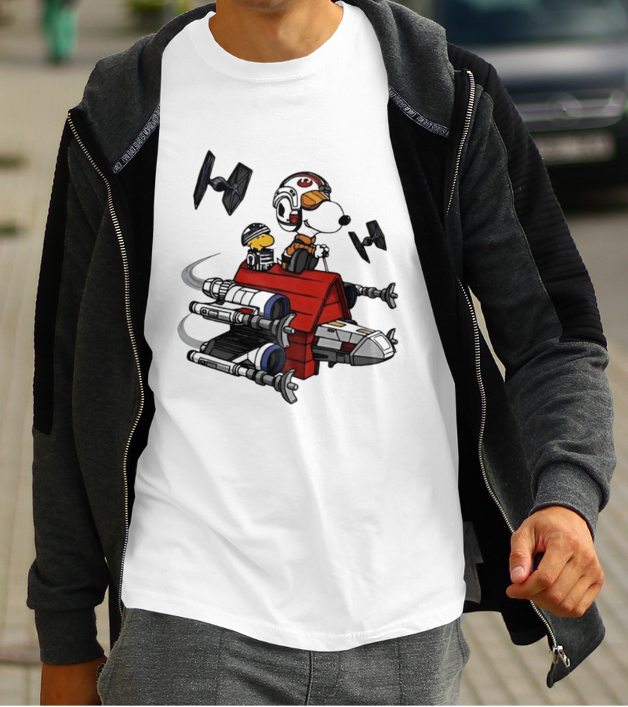 Space Beagle Snoopy Star Wars X Wing Doghouse Woodstock TIE Fighters T-Shirt