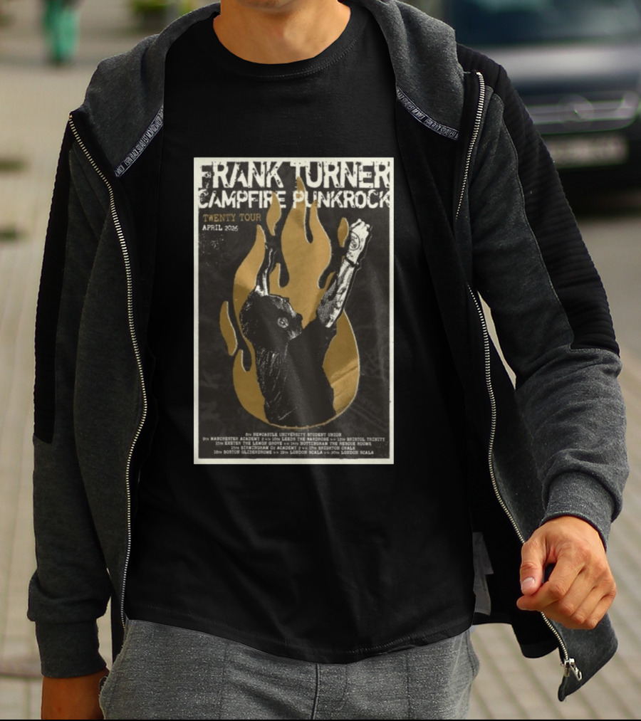 Frank Turner Campfire Punkrock Twenty Tour April 2026 Manchester Leeds Bristol Exeter Nottingham Birmingham Brighton Boston London T-Shirt
