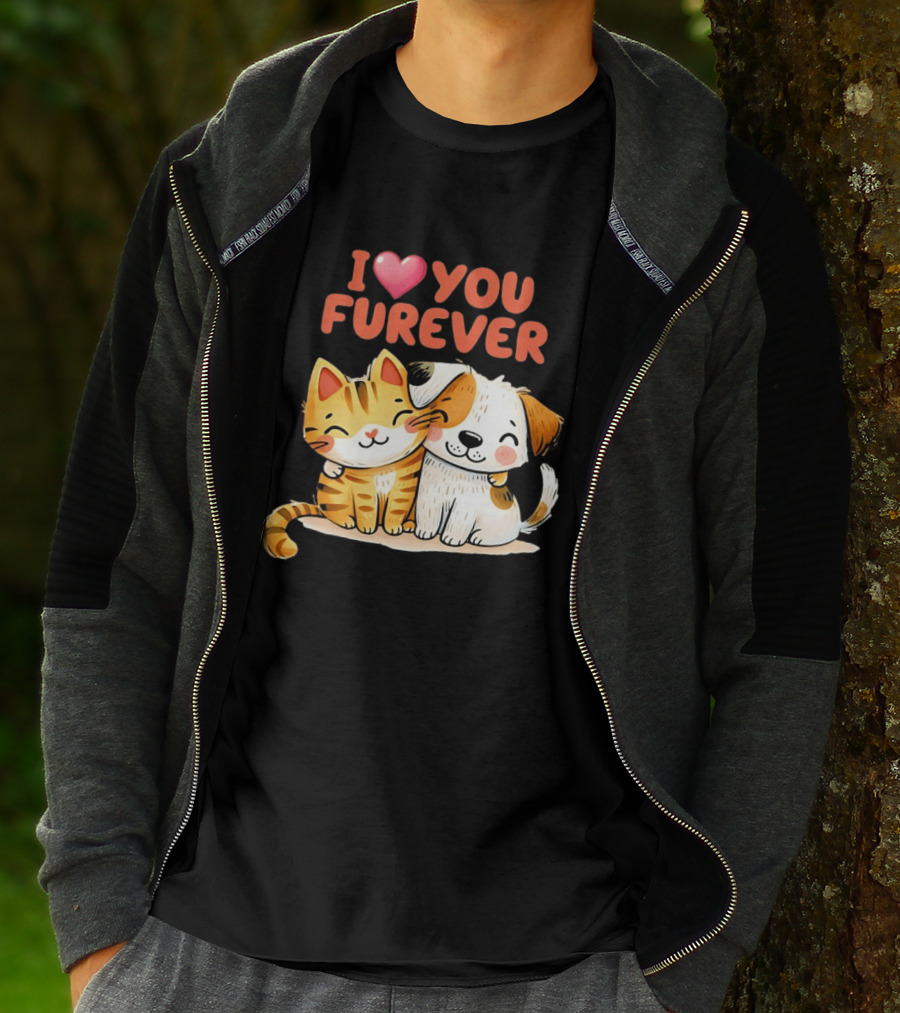 I Love You Furever Cat Hugging Dog T-Shirt