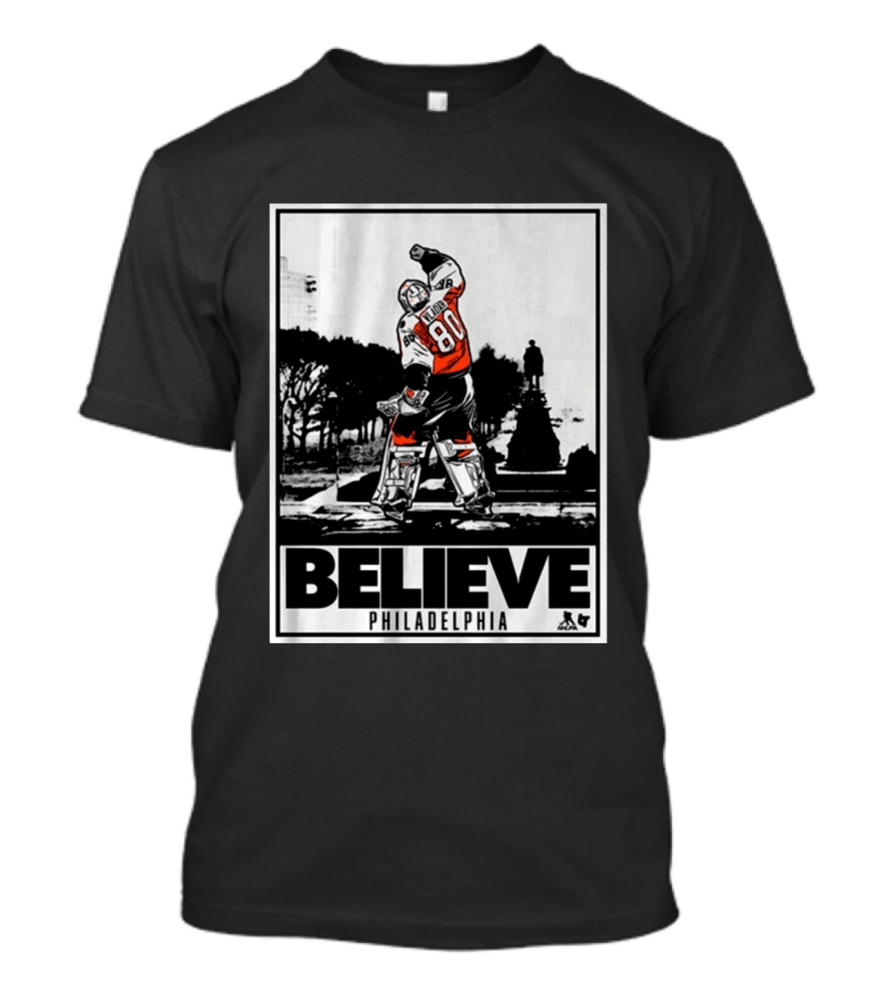 Dan Vladar 80 Jersey Believe Philadelphia Statue Hockey Scene T-Shirt
