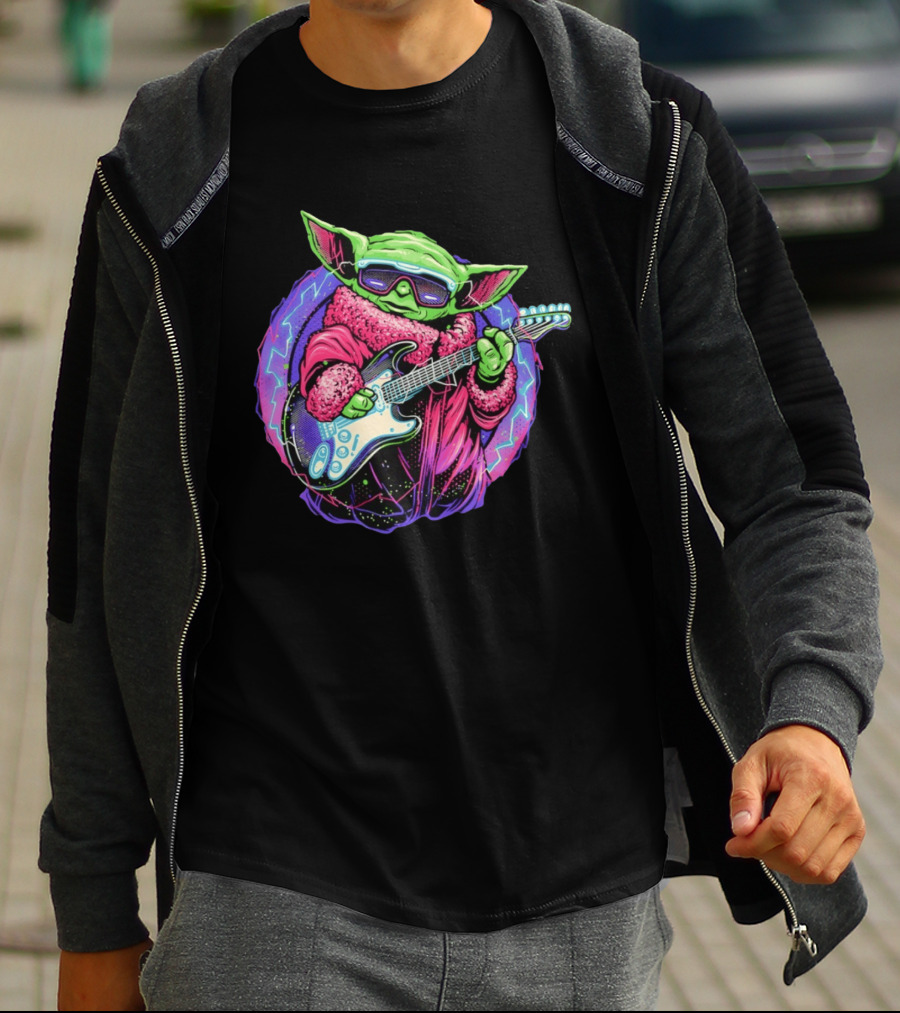 Grogu Electric Galaxy Guitar Blue Neon Lightning T-Shirt