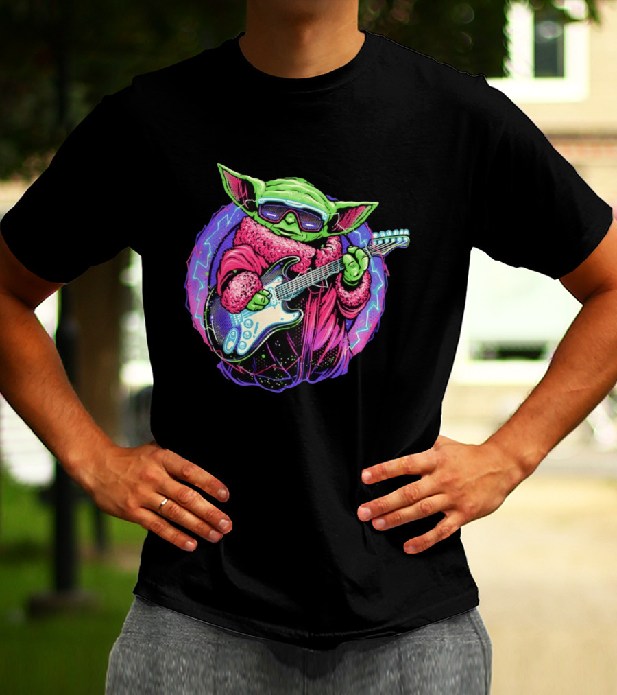 Grogu Electric Galaxy Guitar Blue Neon Lightning T-Shirt