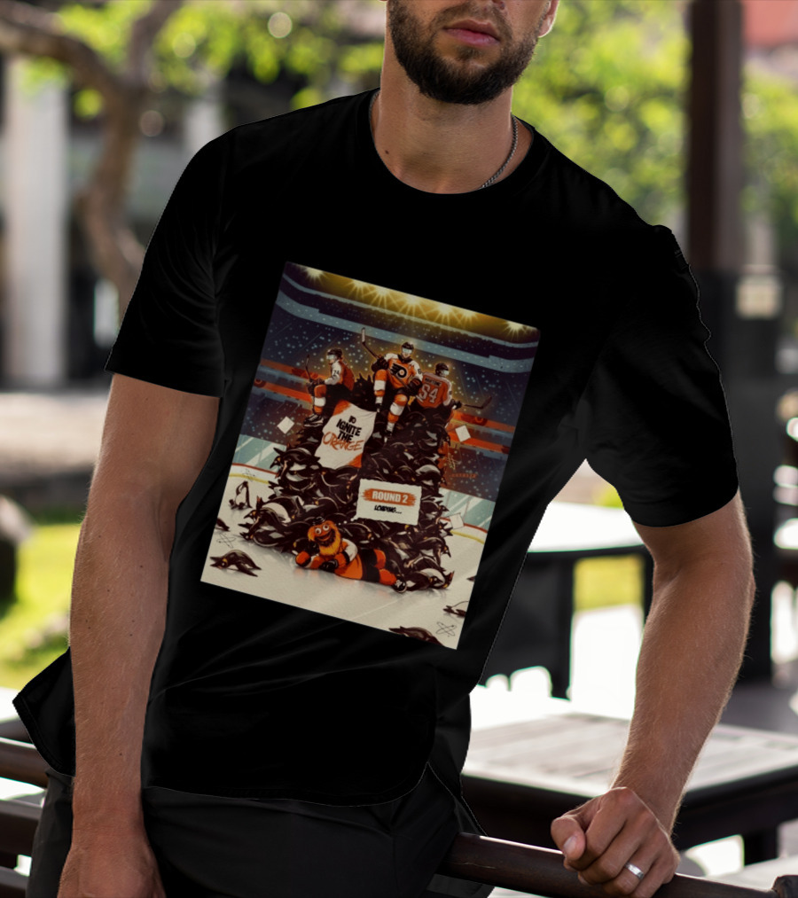 Philadelphia Flyers Ignite The Orange Round 2 Loading Cartoon Hockey Battle T-Shirt