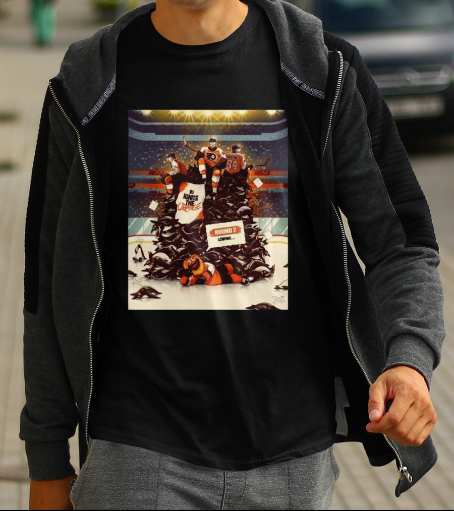 Philadelphia Flyers Ignite The Orange Round 2 Loading Cartoon Hockey Battle T-Shirt
