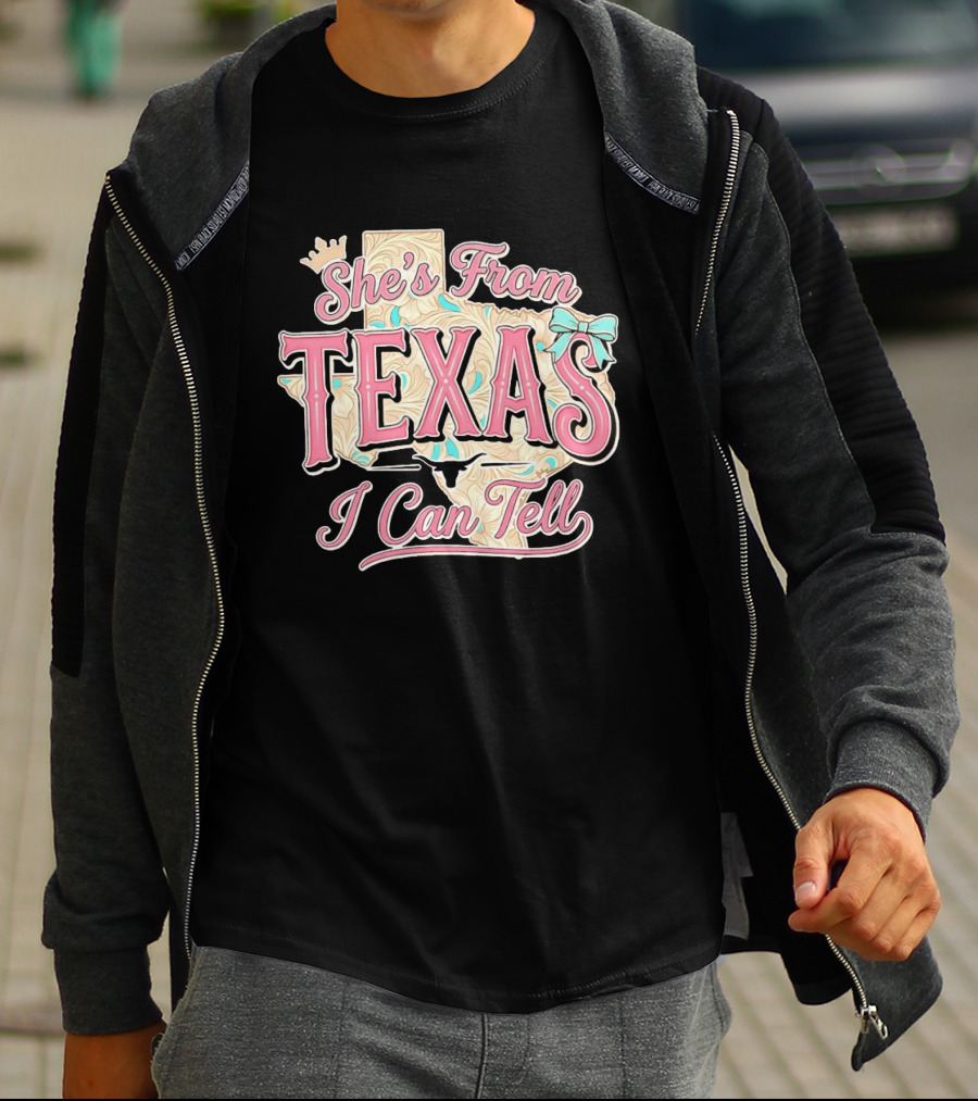 She's From Texas I Can Tell Texas Map Crown Bow T-Shirt