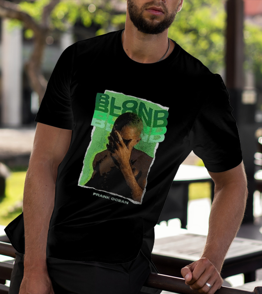 BLOND Frank Ocean Album Cover Art With Green Text And Contemplative Pose T-Shirt