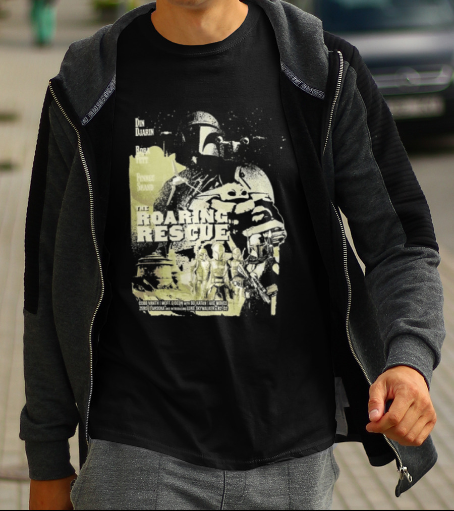 Heroes Villains Star Wars Din Djarin Boba Fett Fennec Shand Roaring Rescue 2026 T-Shirt