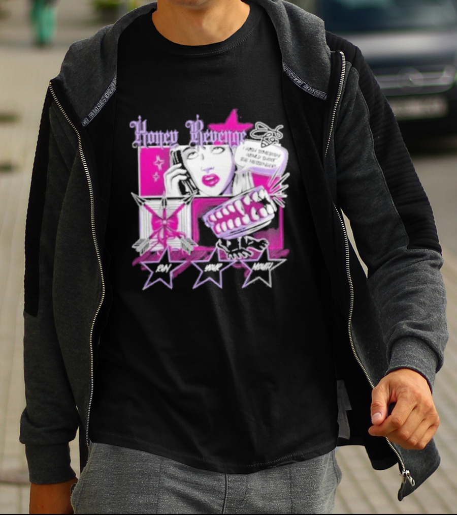 Honey Revenge Comic Style Pink And Black Lips Starburst T-Shirt