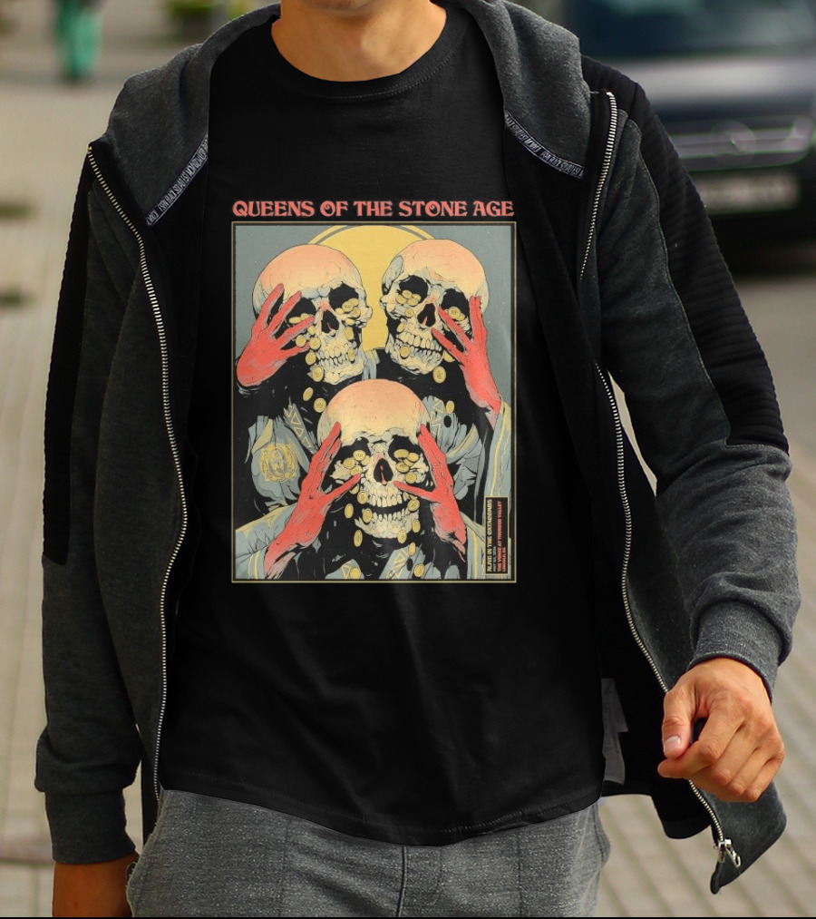 Queens Of The Stone Age Lincoln CA 5.1.2026 Skull Imagery With Coins T-Shirt