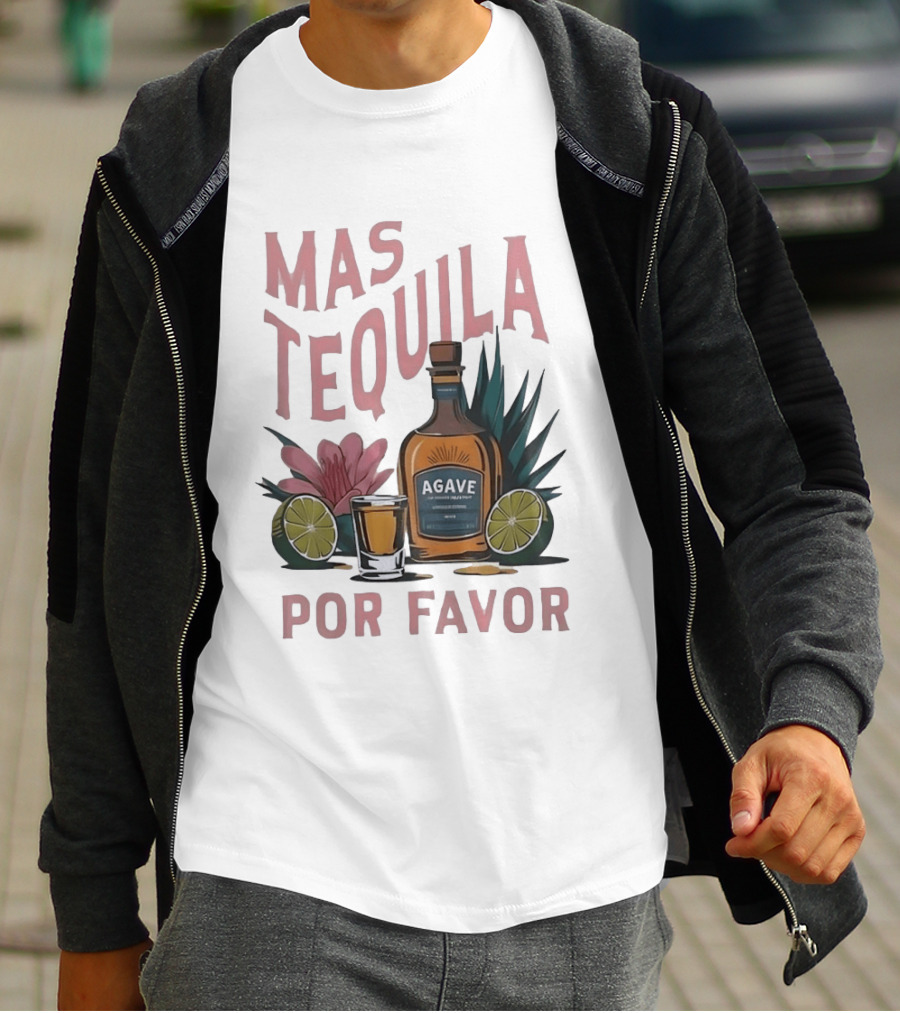 Mas Tequila Por Favor Agave Bottle With Limes And Shot Glass T-Shirt
