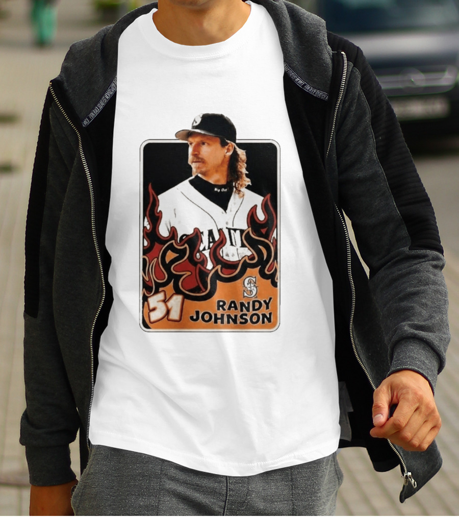 Seattle Mariners Randy Johnson Big Unit 51 MLB Baseball Flames T-Shirt