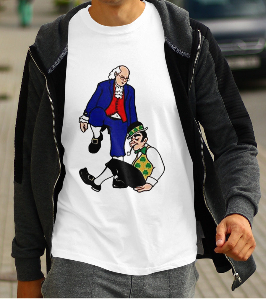 Ben Franklin Stepover Cartoon Colonial Vs Leprechaun T-Shirt