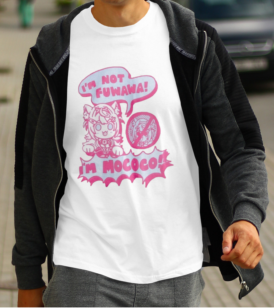 I'm Not Fuwawa I'm Mococo Anime Character Expression Pink And White Speech Bubbles T-Shirt