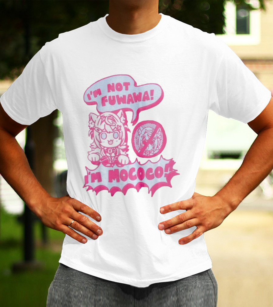 I'm Not Fuwawa I'm Mococo Anime Character Expression Pink And White Speech Bubbles T-Shirt