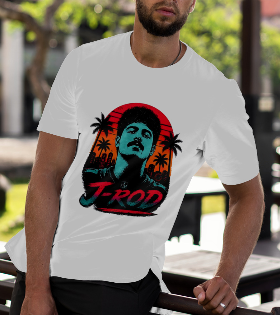 J Rod Retro Sunset Vibes With NFL And Palm Trees T-Shirt