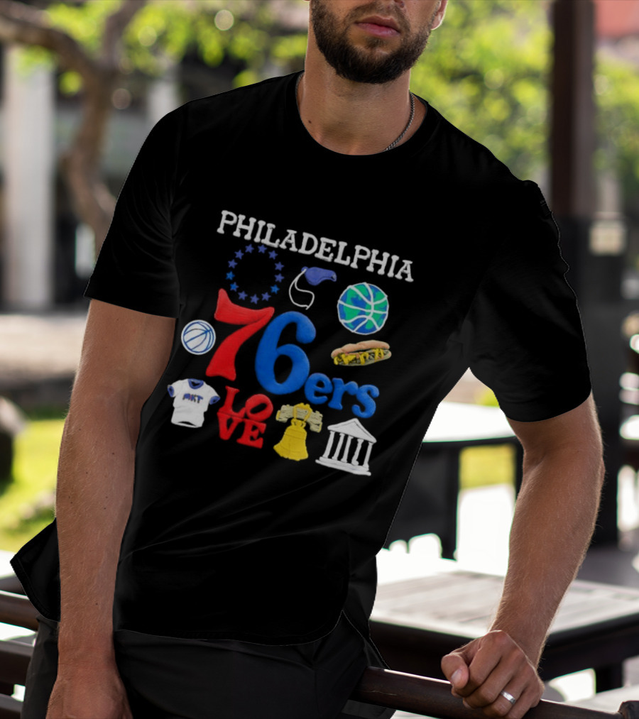 Philadelphia 76ers Claymation Icons Hot Dog Liberty Bell Basketball LOVE Statue City T-Shirt