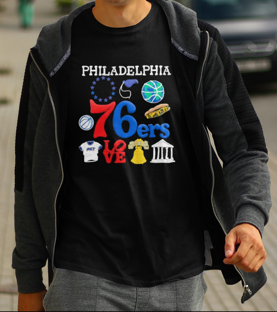 Philadelphia 76ers Claymation Icons Hot Dog Liberty Bell Basketball LOVE Statue City T-Shirt