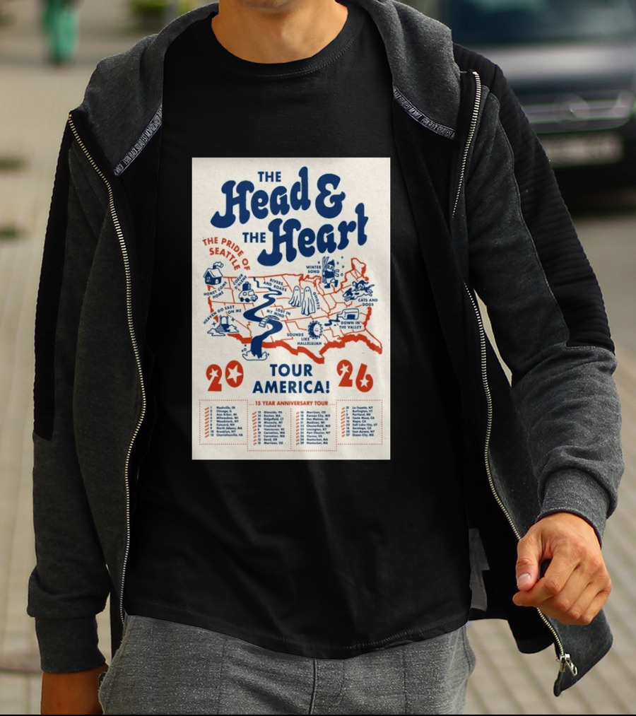 The Head And The Heart Tour America 2026 Pride Of Seattle Map 15 Year Anniversary T-Shirt