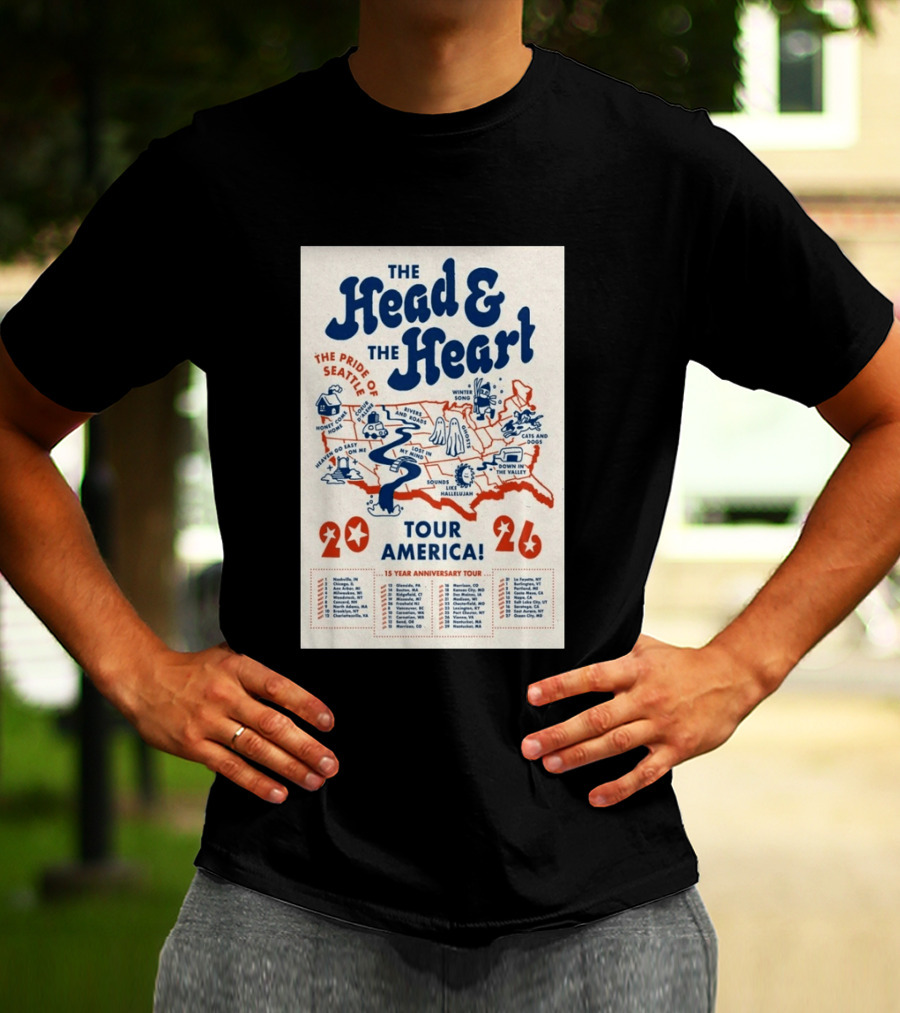 The Head And The Heart Tour America 2026 Pride Of Seattle Map 15 Year Anniversary T-Shirt