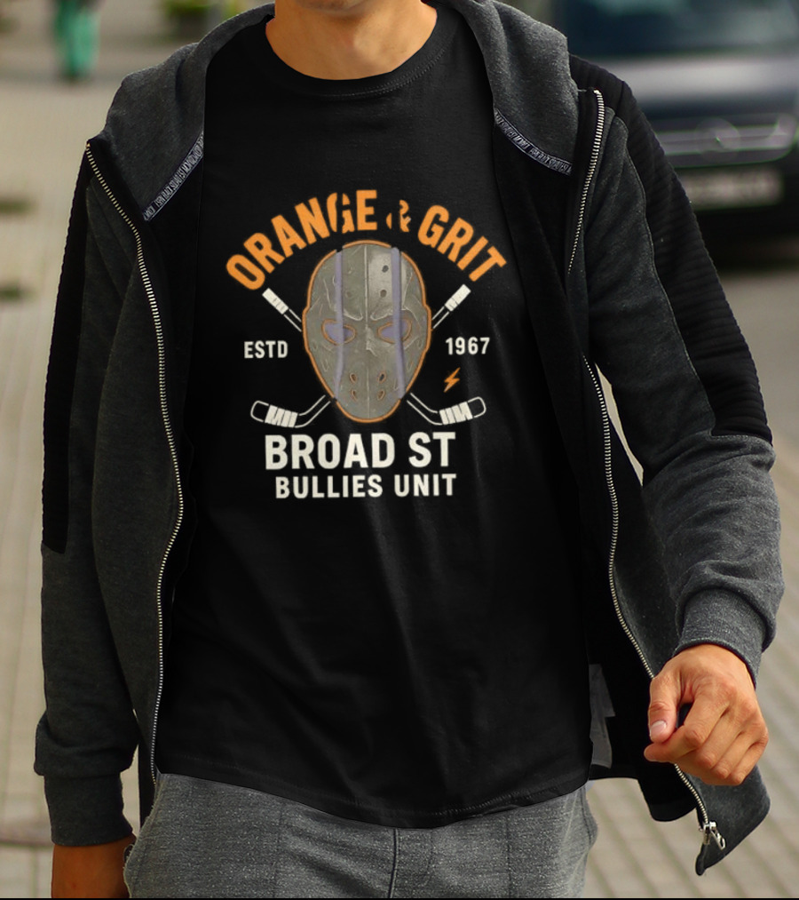 Orange And Grit Broad St Bullies Unit ESTD 1967 Hockey Mask And Sticks T-Shirt