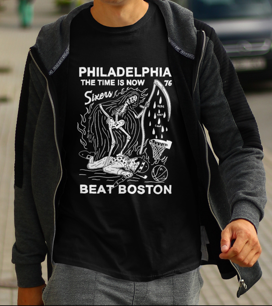 Philadelphia The Time Is Now 76ers Spirit Beat Boston Skeleton Basketball T-Shirt