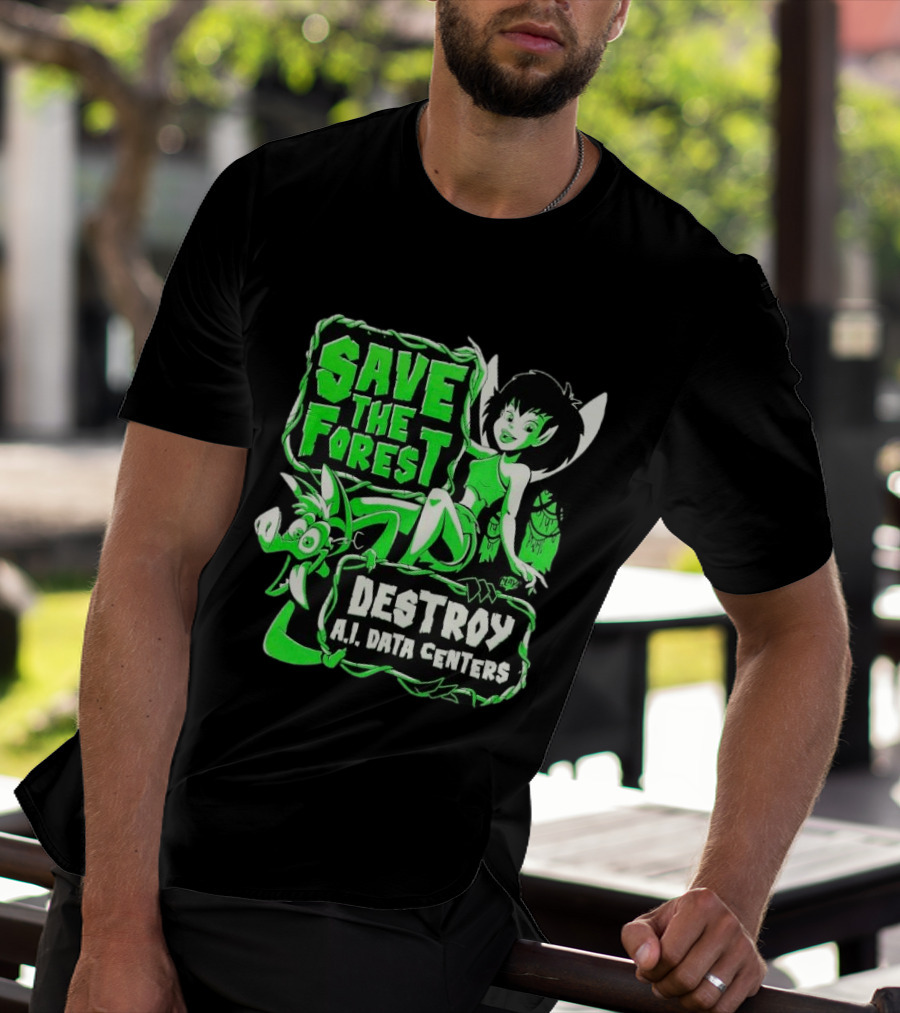 Save The Forest Destroy A.I. Data Centers Cartoon Fairy And Boar T-Shirt