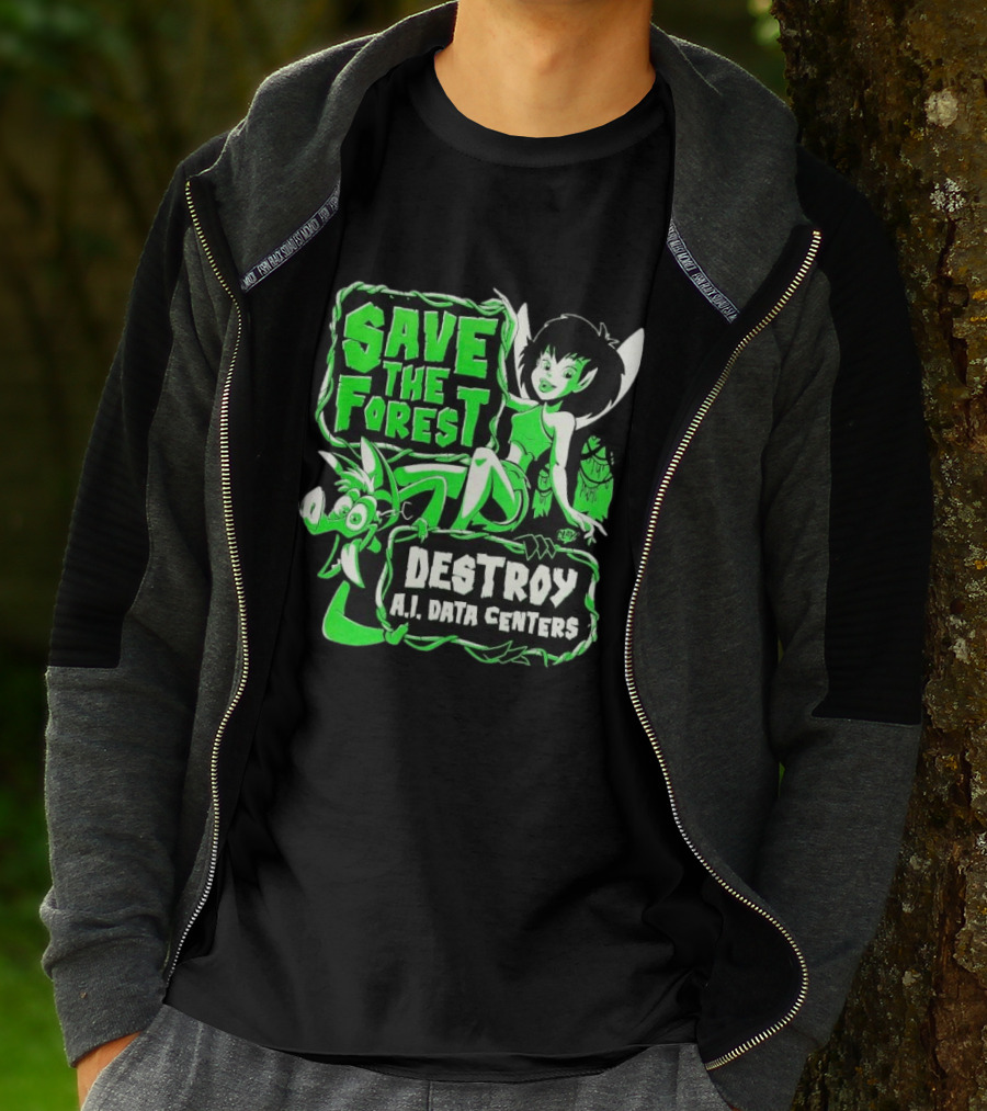 Save The Forest Destroy A.I. Data Centers Cartoon Fairy And Boar T-Shirt