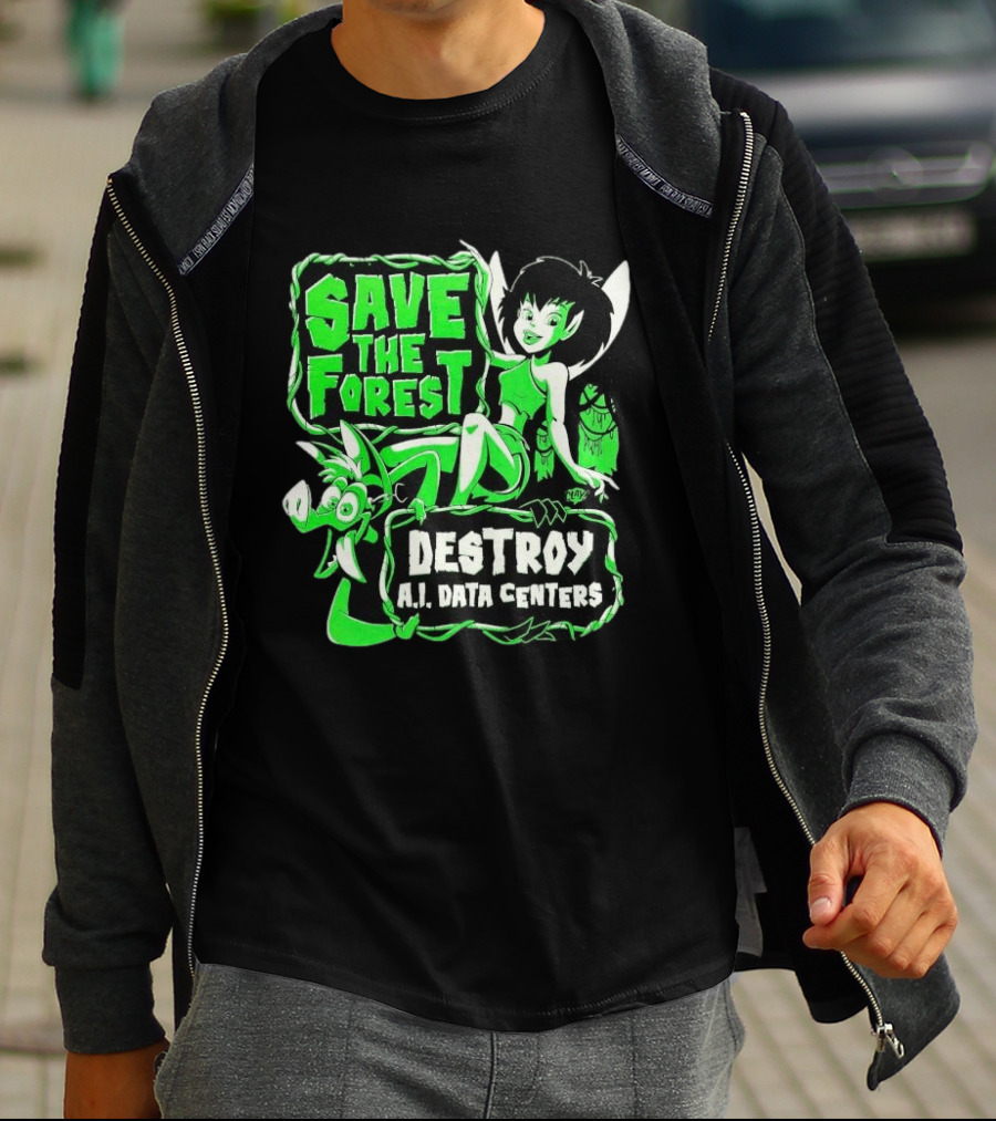 Save The Forest Destroy A.I. Data Centers Cartoon Fairy And Boar T-Shirt