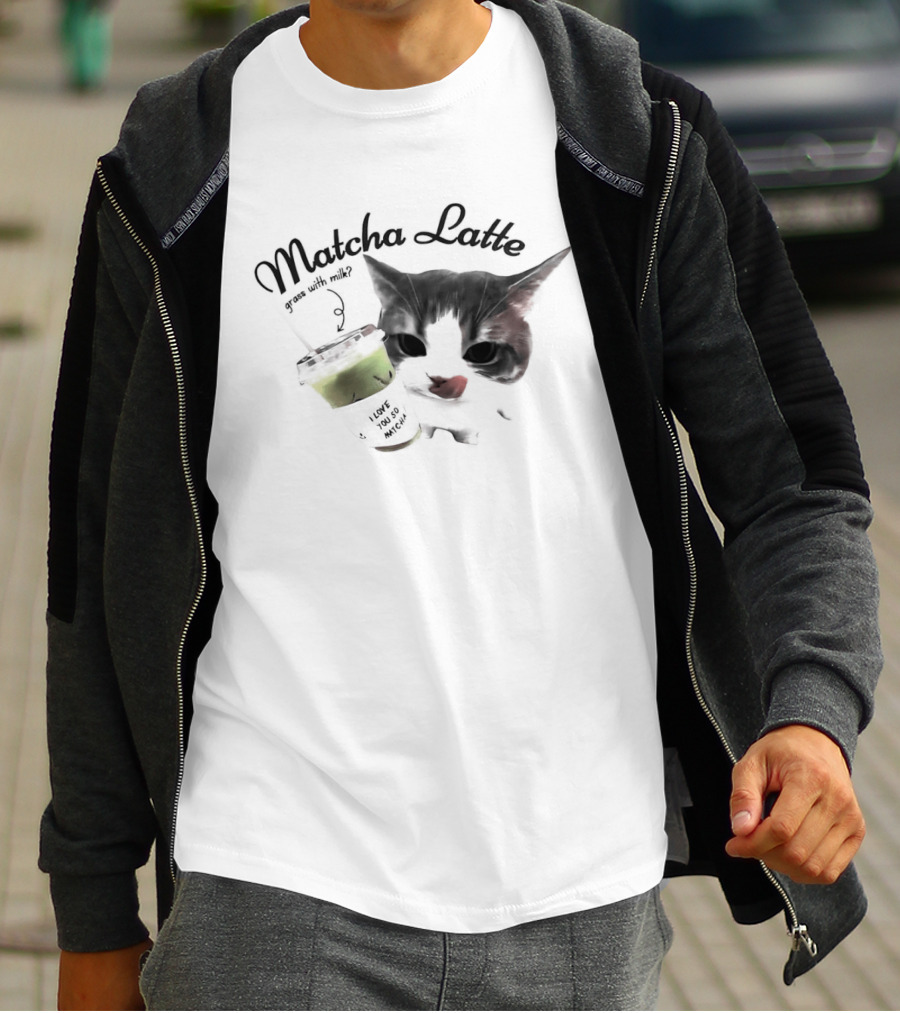 Matcha Latte Coffee Cat Kawaii With Paw And Tail T-Shirt