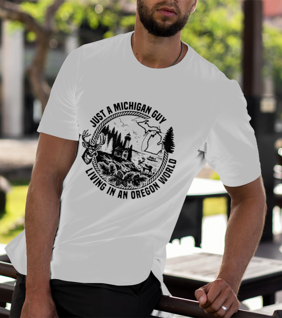 Just A Michigan Guy Living In An Oregon World Scenic Nature Scene With Deer Lighthouse And Trees T-Shirt
