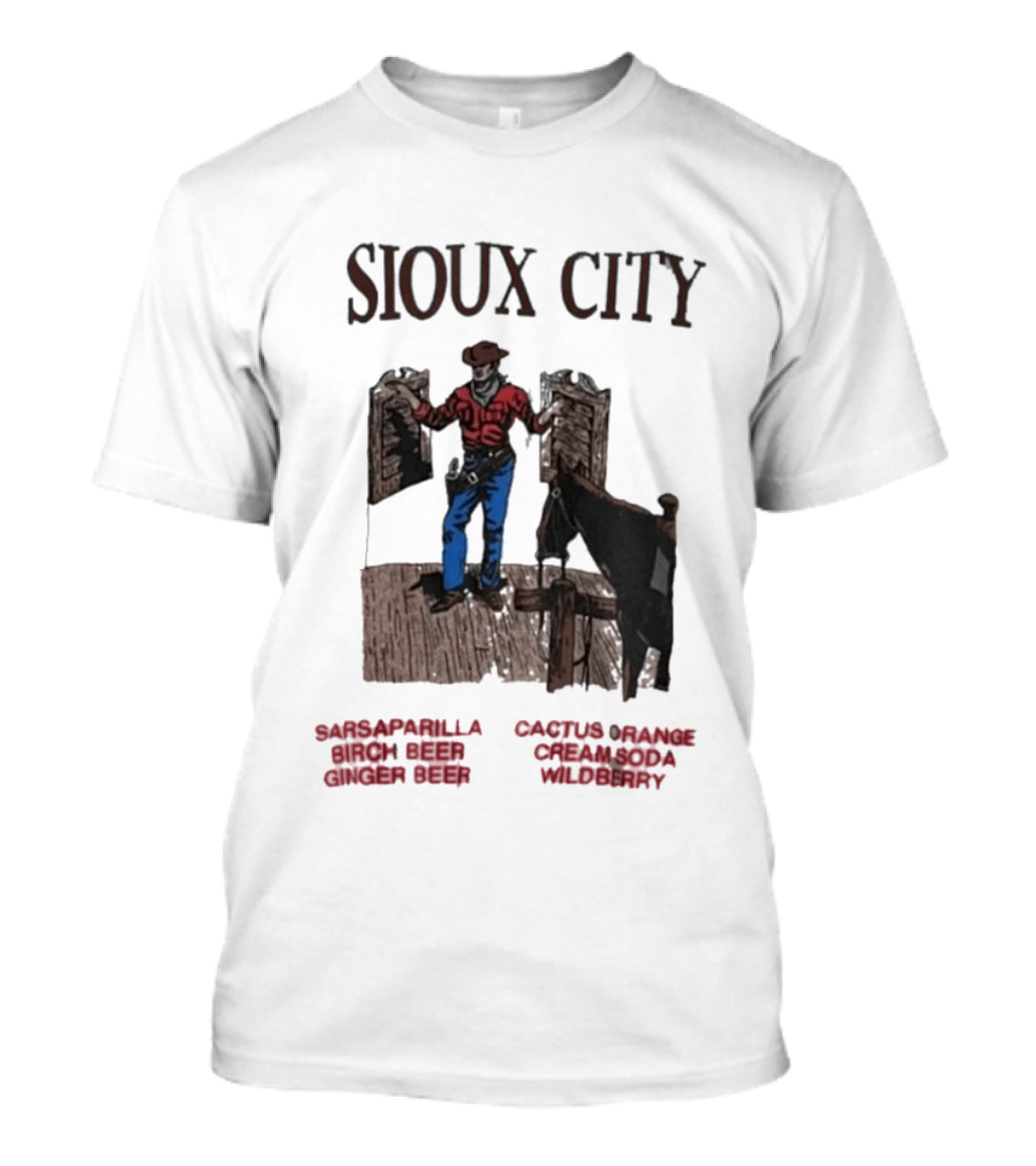 Sioux City Sarsaparilla Birch Beer Ginger Beer Cactus Orange Cream Cola Wildberry Cowboy Saloon Scene T-Shirt