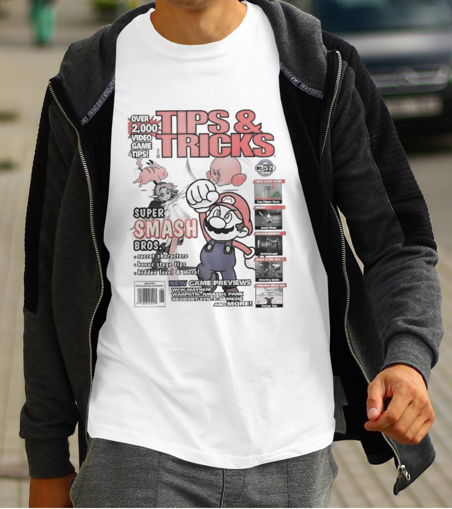 Super Smash Bros Over 2000 Video Game Tips And Tricks Retro Cover Mario Kirby Characters T-Shirt