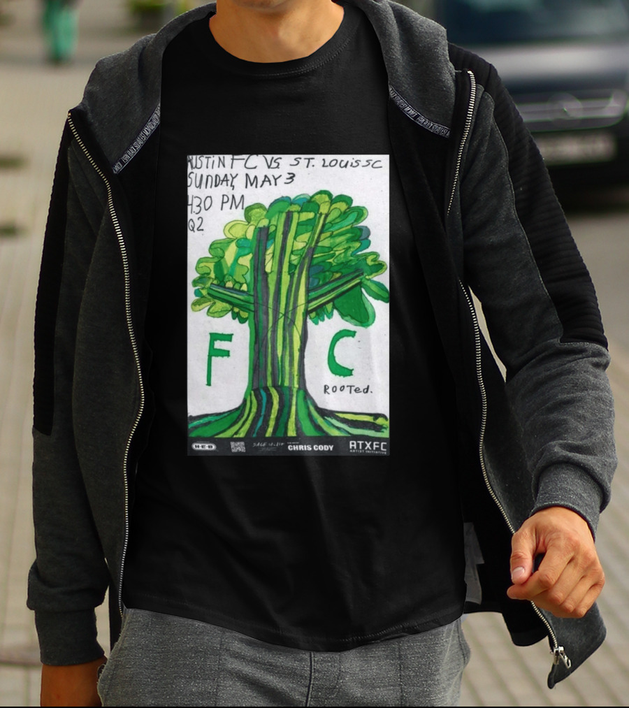 Austin FC Vs ST. Louis SC May 3 4:30 PM Q2 Rooted ATXFC Artist Initiative Chris Cody T-Shirt